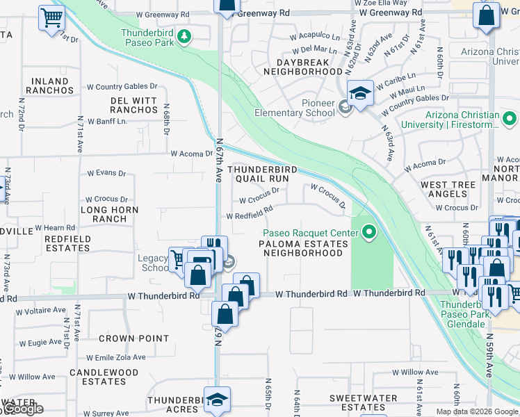 map of restaurants, bars, coffee shops, grocery stores, and more near 6502 West Redfield Road in Glendale