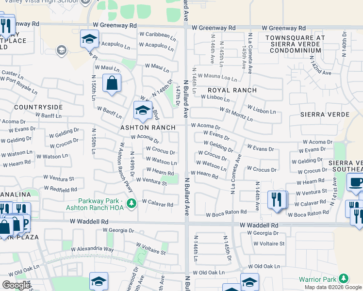 map of restaurants, bars, coffee shops, grocery stores, and more near 14455 North 147th Drive in Surprise