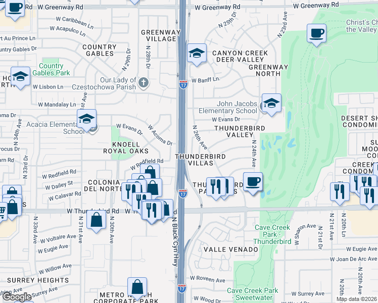 map of restaurants, bars, coffee shops, grocery stores, and more near 14228 North 26th Lane in Phoenix