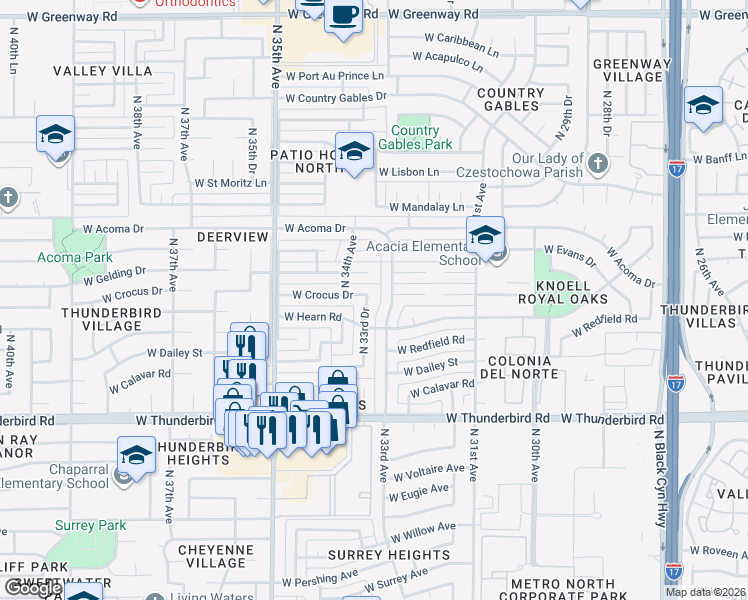 map of restaurants, bars, coffee shops, grocery stores, and more near 14225 North 33rd Drive in Phoenix