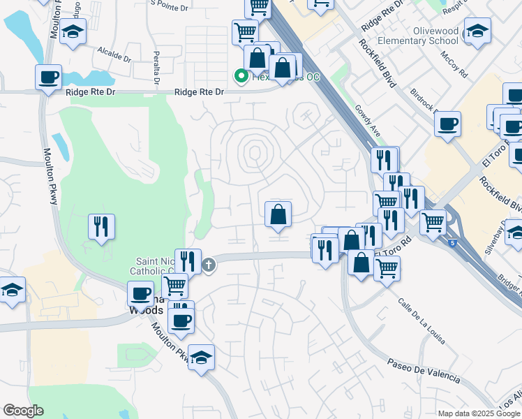 map of restaurants, bars, coffee shops, grocery stores, and more near 2174 Via Mariposa East in Laguna Woods