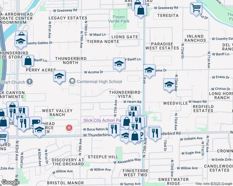 map of restaurants, bars, coffee shops, grocery stores, and more near 14242 North 77th Avenue in Peoria