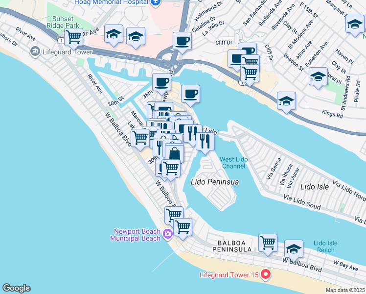 map of restaurants, bars, coffee shops, grocery stores, and more near 502 31st Street in Newport Beach