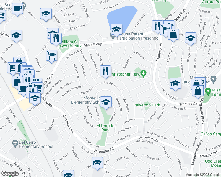 map of restaurants, bars, coffee shops, grocery stores, and more near 23956 Juaneno Drive in Mission Viejo