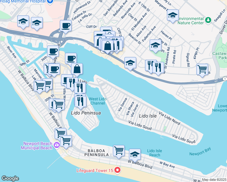 map of restaurants, bars, coffee shops, grocery stores, and more near 215 Via Dijon in Newport Beach
