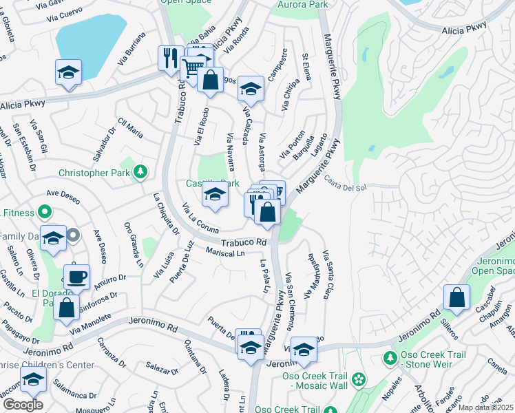 map of restaurants, bars, coffee shops, grocery stores, and more near 23962 Via Bayona in Mission Viejo