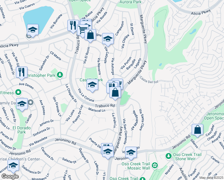 map of restaurants, bars, coffee shops, grocery stores, and more near 23962 Via Bayona in Mission Viejo