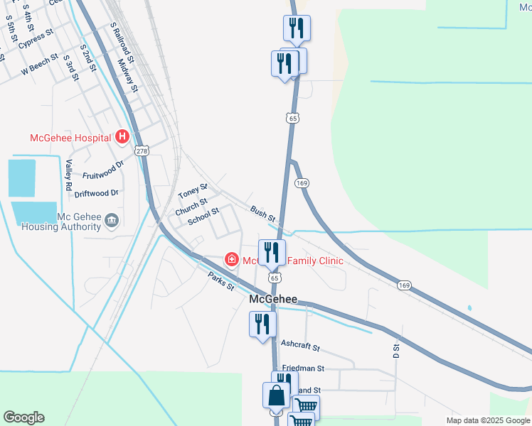 map of restaurants, bars, coffee shops, grocery stores, and more near 1226 Bush Street in McGehee