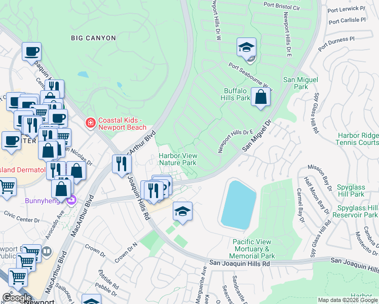 map of restaurants, bars, coffee shops, grocery stores, and more near 1807 Newport Hills Drive East in Newport Beach