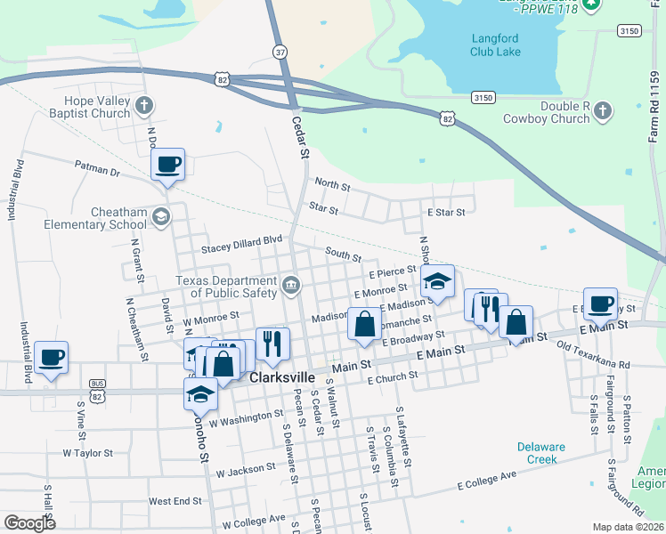map of restaurants, bars, coffee shops, grocery stores, and more near 607 North Locust Street in Clarksville