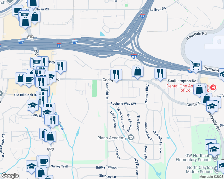 map of restaurants, bars, coffee shops, grocery stores, and more near 5150 Scofield Road in College Park