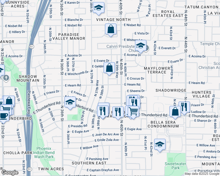 map of restaurants, bars, coffee shops, grocery stores, and more near 14041 North 38th Place in Phoenix