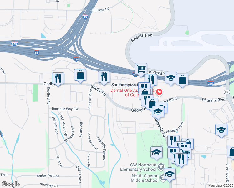 map of restaurants, bars, coffee shops, grocery stores, and more near 2001 Godby Road in College Park