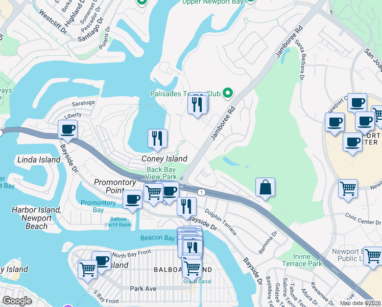 map of restaurants, bars, coffee shops, grocery stores, and more near 1099 Jamboree Road in Newport Beach