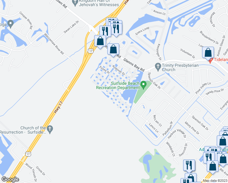 map of restaurants, bars, coffee shops, grocery stores, and more near 2226 Clearwater Drive in Surfside Beach