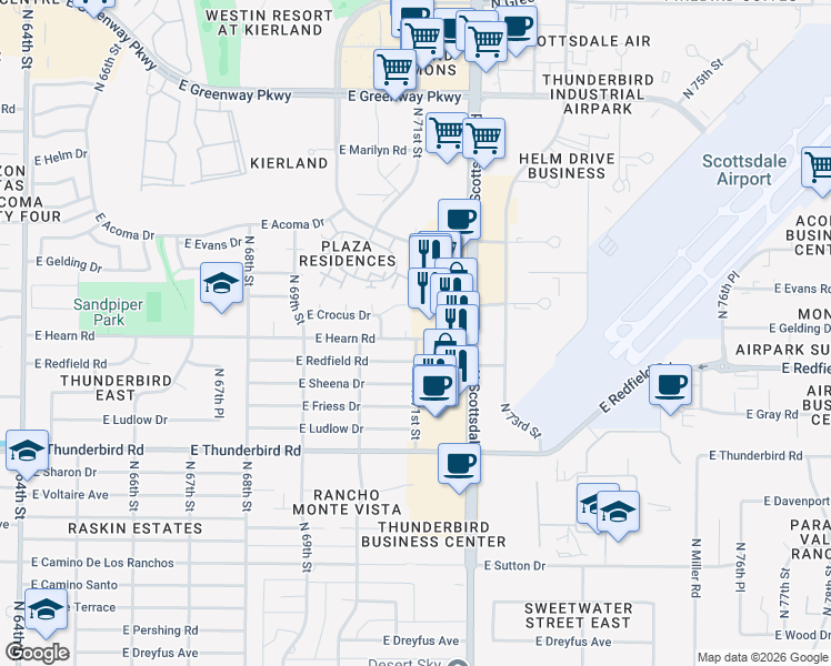 map of restaurants, bars, coffee shops, grocery stores, and more near 14202 North 70th Way in Scottsdale