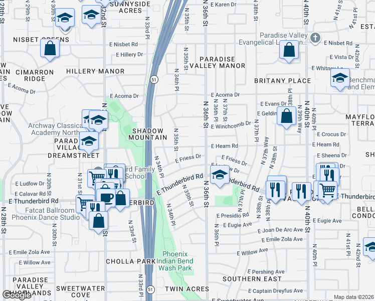 map of restaurants, bars, coffee shops, grocery stores, and more near 3515 East Hearn Road in Phoenix