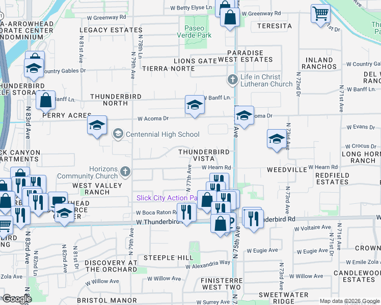 map of restaurants, bars, coffee shops, grocery stores, and more near 14242 North 77th Avenue in Peoria
