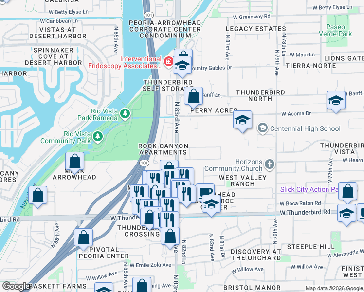 map of restaurants, bars, coffee shops, grocery stores, and more near in Peoria