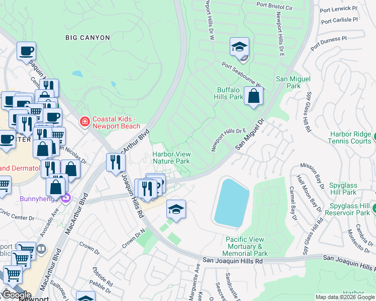 map of restaurants, bars, coffee shops, grocery stores, and more near 1807 Newport Hills Drive East in Newport Beach