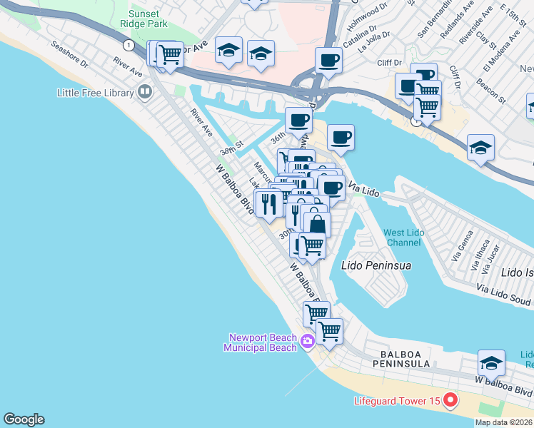 map of restaurants, bars, coffee shops, grocery stores, and more near 301 32nd Street in Newport Beach