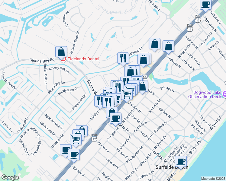 map of restaurants, bars, coffee shops, grocery stores, and more near 1012 2nd Avenue North in Surfside Beach