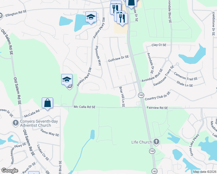 map of restaurants, bars, coffee shops, grocery stores, and more near 2970 Lighthouse Way Southeast in Conyers