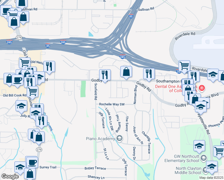 map of restaurants, bars, coffee shops, grocery stores, and more near 2200 Godby Road in Atlanta