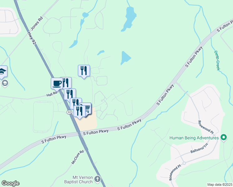 map of restaurants, bars, coffee shops, grocery stores, and more near 147 Park Lane in Fairburn