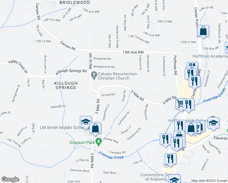 map of restaurants, bars, coffee shops, grocery stores, and more near 432 Orchid Road in Birmingham