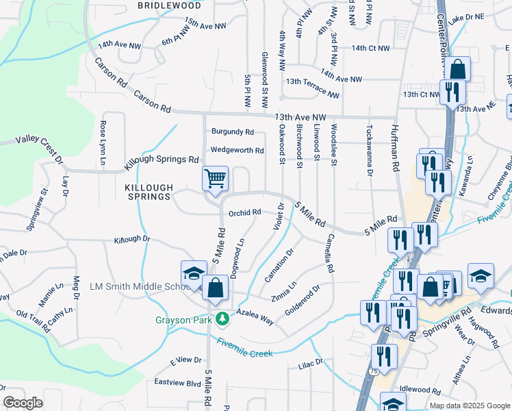 map of restaurants, bars, coffee shops, grocery stores, and more near 432 Orchid Road in Birmingham