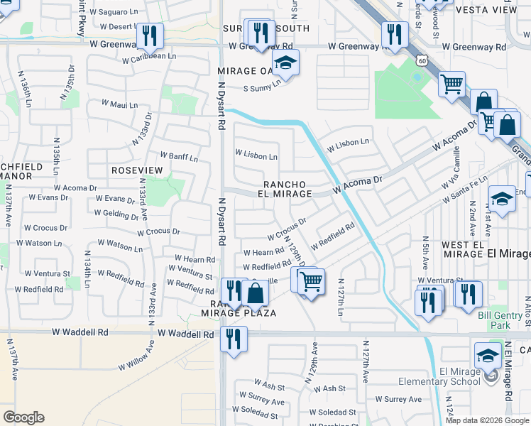map of restaurants, bars, coffee shops, grocery stores, and more near 13001 West Evans Drive in El Mirage