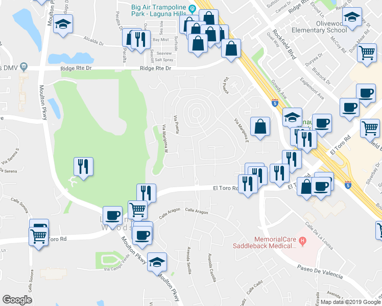 map of restaurants, bars, coffee shops, grocery stores, and more near 2331 Avenida Sevilla in Laguna Woods
