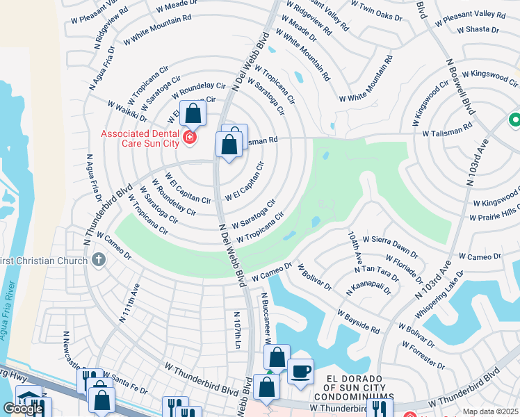 map of restaurants, bars, coffee shops, grocery stores, and more near 10427 West Saratoga Circle in Sun City