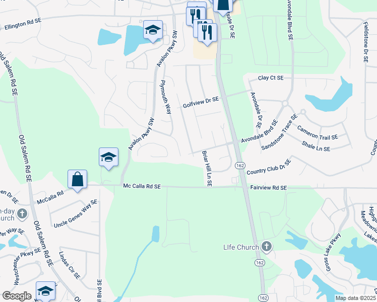 map of restaurants, bars, coffee shops, grocery stores, and more near 2108 Country Walk Way SE in Conyers