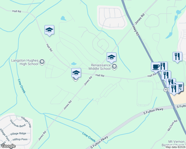 map of restaurants, bars, coffee shops, grocery stores, and more near 6554 Jones Road in Fairburn