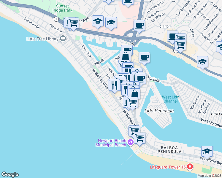 map of restaurants, bars, coffee shops, grocery stores, and more near 203 33rd Street in Newport Beach