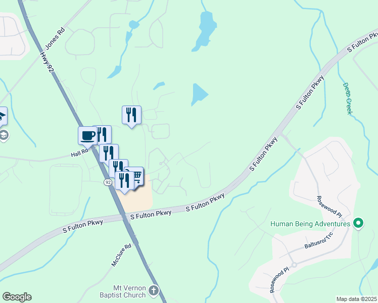 map of restaurants, bars, coffee shops, grocery stores, and more near 159 Park Lane in Fairburn
