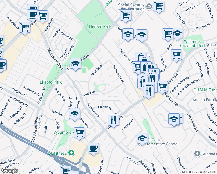 map of restaurants, bars, coffee shops, grocery stores, and more near 23891 Cypress Lane in Mission Viejo