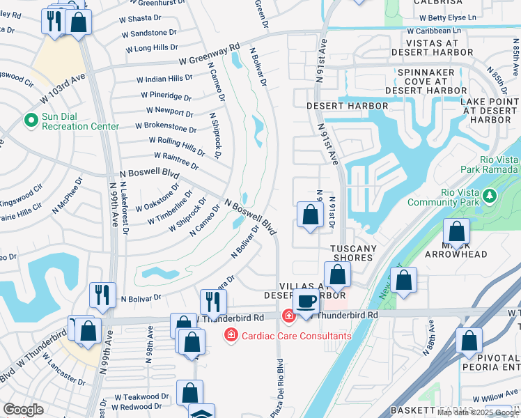 map of restaurants, bars, coffee shops, grocery stores, and more near 14606 North Bolivar Drive in Sun City