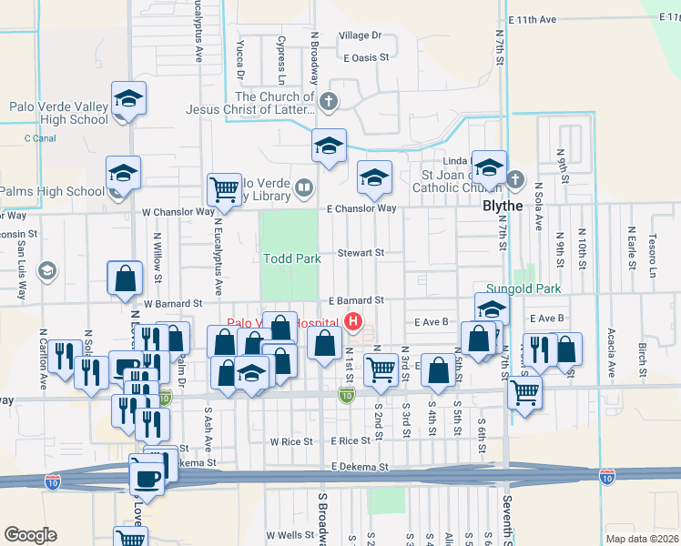 map of restaurants, bars, coffee shops, grocery stores, and more near 352 North 1st Street in Blythe