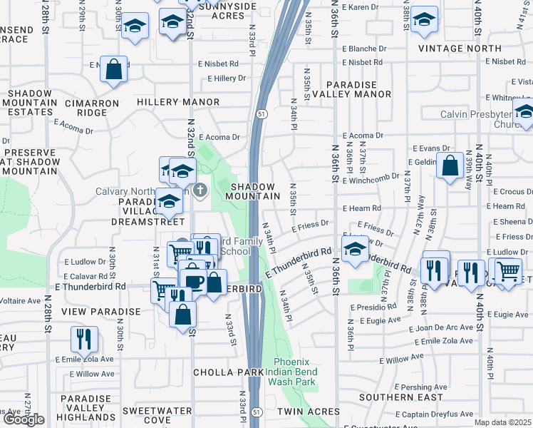 map of restaurants, bars, coffee shops, grocery stores, and more near 14079 North 34th Place in Phoenix