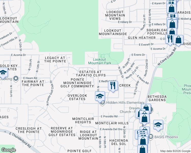 map of restaurants, bars, coffee shops, grocery stores, and more near 1740 East Redfield Road in Phoenix