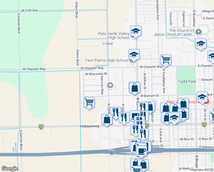 map of restaurants, bars, coffee shops, grocery stores, and more near 357 North Carlton Avenue in Blythe