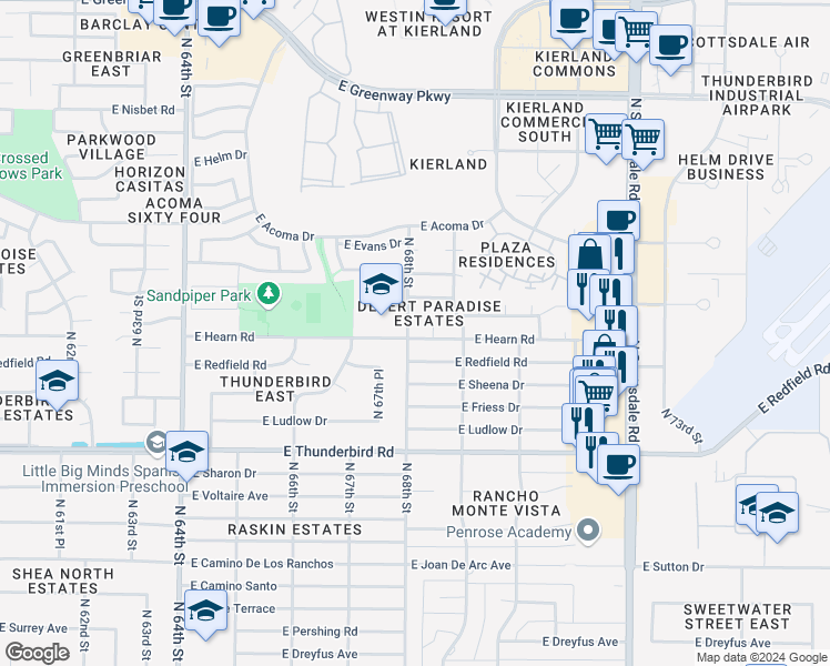 map of restaurants, bars, coffee shops, grocery stores, and more near 14201 North 68th Street in Scottsdale
