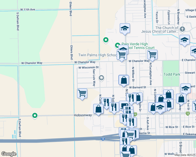 map of restaurants, bars, coffee shops, grocery stores, and more near 357 North Carlton Avenue in Blythe