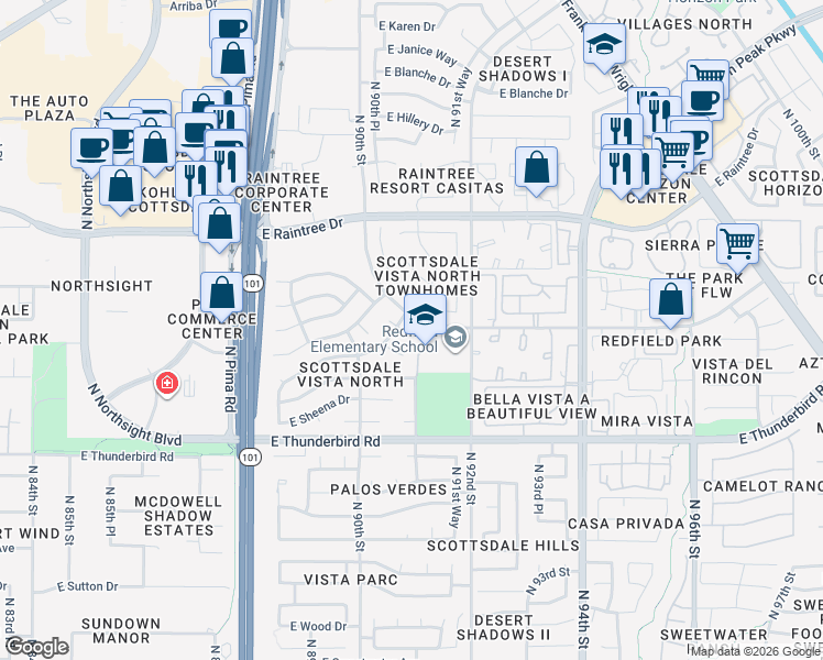 map of restaurants, bars, coffee shops, grocery stores, and more near 9085 East Gray Road in Scottsdale