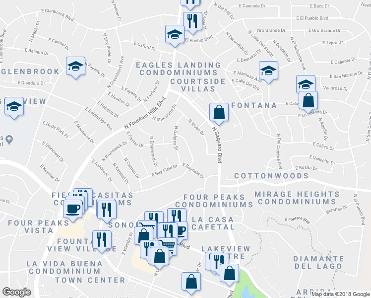 map of restaurants, bars, coffee shops, grocery stores, and more near 14228 North Ashbrook Drive in Fountain Hills