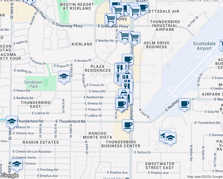 map of restaurants, bars, coffee shops, grocery stores, and more near 14202 North 70th Way in Scottsdale