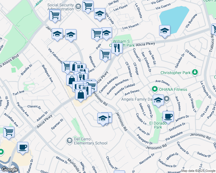 map of restaurants, bars, coffee shops, grocery stores, and more near 26036 Camino Adelanto in Mission Viejo